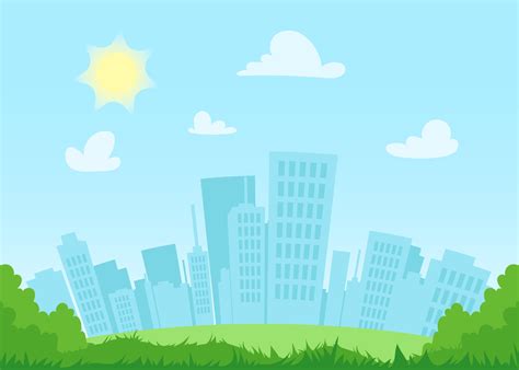 Flat Cityscape At Day With Blue Sky White Clouds And Sun Modern Town