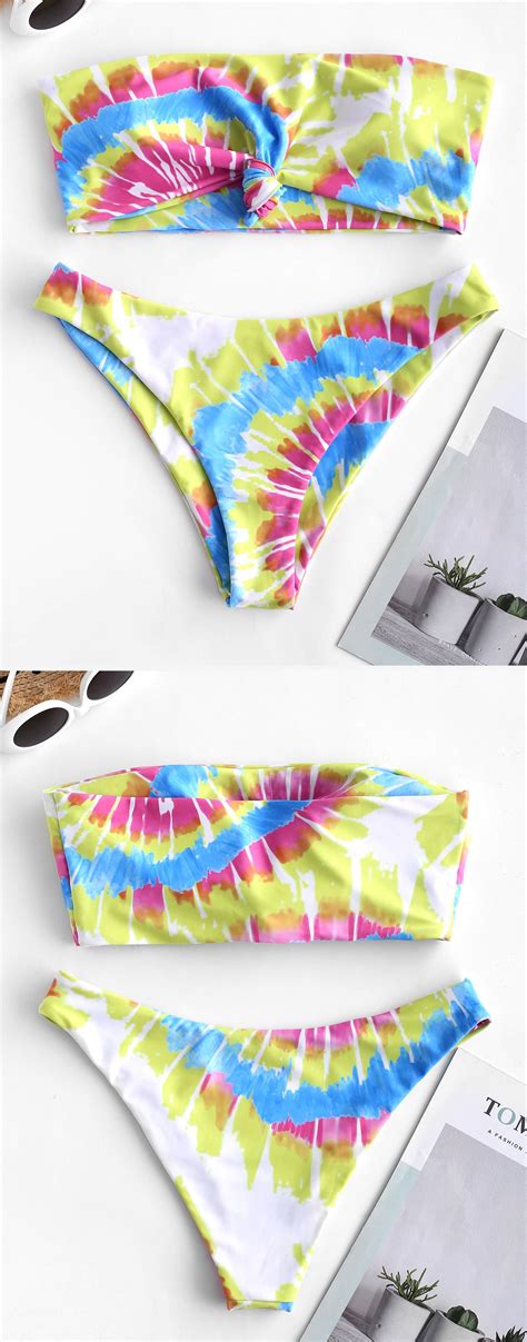 2019 Knot Spiral Tie Dye Print Bandeau Bikini Swimsuit Bikinis