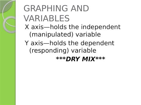 (PPTX) GRAPHING AND VARIABLES X axis—holds the independent (manipulated) variable Y axis—holds ...