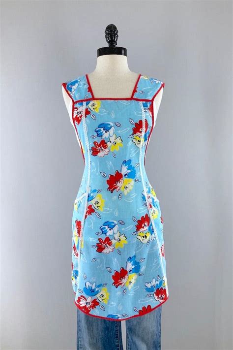 Vintage Aqua Floral Print Full Apron Thisbluebird