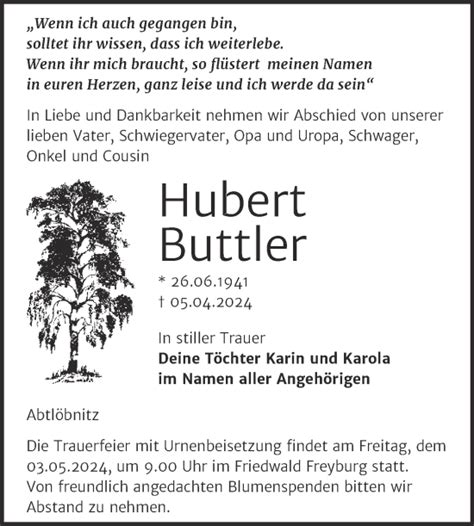 Traueranzeigen Von Hubert Buttler Abschied Nehmen De