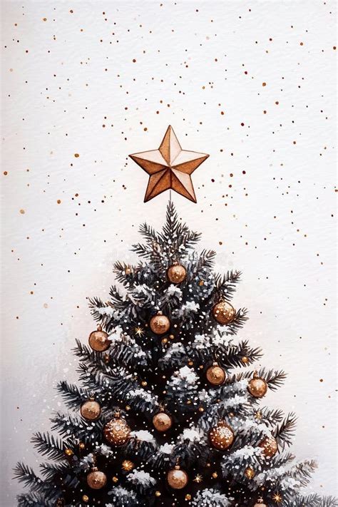 Minimalist Christmas Tree With Gold Star And Ornaments Snow Falling