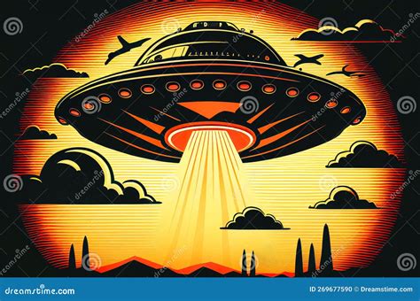 Extraterrestrial Ufo Flying Saucer Dynamic View Colorful Illustration