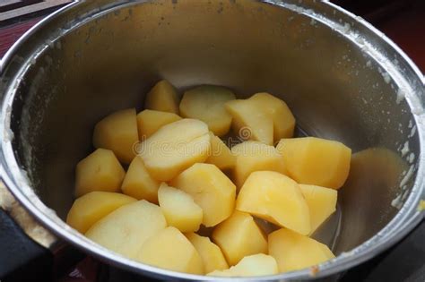 Boiled Lumpy Potatoes In A Metal Pan Top View Boiled Chopped Pieces