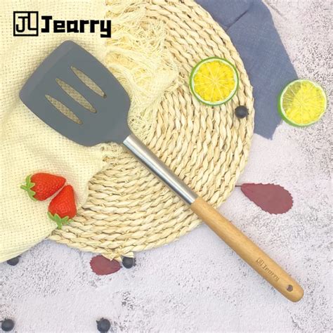 Jearry Stainless Steel Sicilone Slotted Spatula Wooden Handle Heat