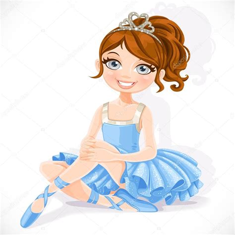 Menina Bailarina Linda No Vestido Azul E Tiara De Sentar No Chão é