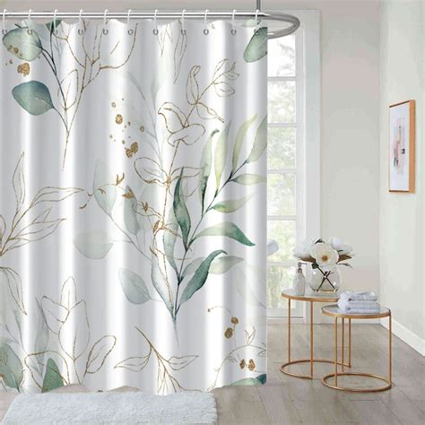 Aoselan Eucalyptus Shower Curtain Spring Sage Green And Gold Abstract