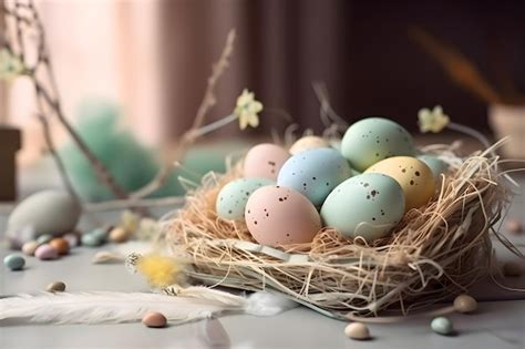 Huevos De Pascua Coloreados En Un Nido Ia Generativa Foto Premium