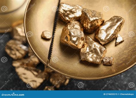 Vintage Scales With Gold Nuggets On Grey Table Above View Stock Image