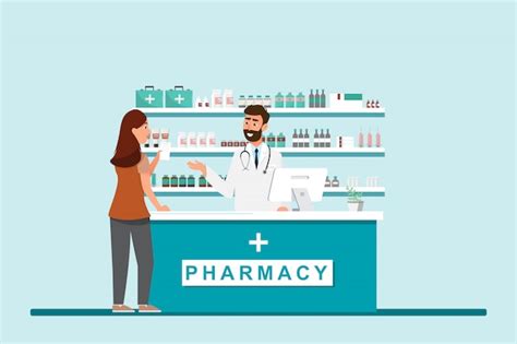 Premium Vector Pharmacy With Pharmacist And Client In Counter