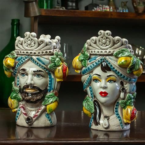 Caltagirone Sicilian Ceramic Heads Fruit Decor L X H Cm