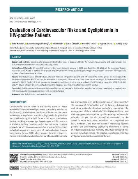 Pdf Evaluation Of Cardiovascular Risks And Dyslipidemia In Hiv