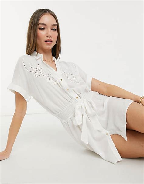 River Island Cutwork Mini Beach Shirt Dress In White Asos