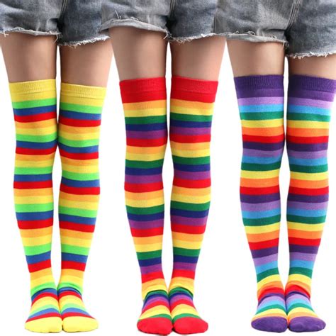 New Colorful Rainbow Stockings Striped Long Socks Women Thigh High