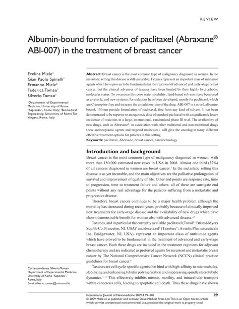 Pdf Albumin Bound Formulation Of Paclitaxel Abraxane® Abi 007 In