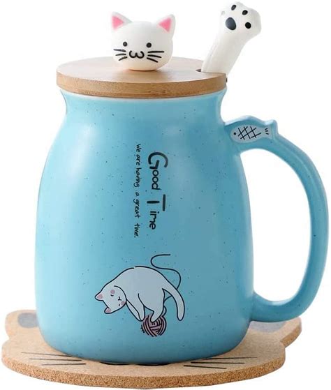 16oz Cute Cat Ceramic Mug With Wooden Lid Tea Coffee Milk Cup Cool