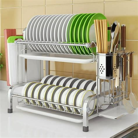 Nk 2 Tier Sink Dish Drying Rack Large Dishes Drain Rack Shelf With Removable Board Plate