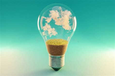 Single Lightbulb With Green Soil And Clouds Renewable Clean Energy