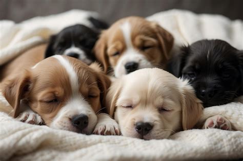 A chaotic cuddle puddle of fluffy puppies of different breeds napping ...