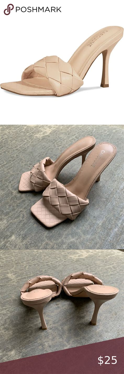 Carcuume Square Open Toe Heeled Woven Leather Stiletto Slip On Quilted