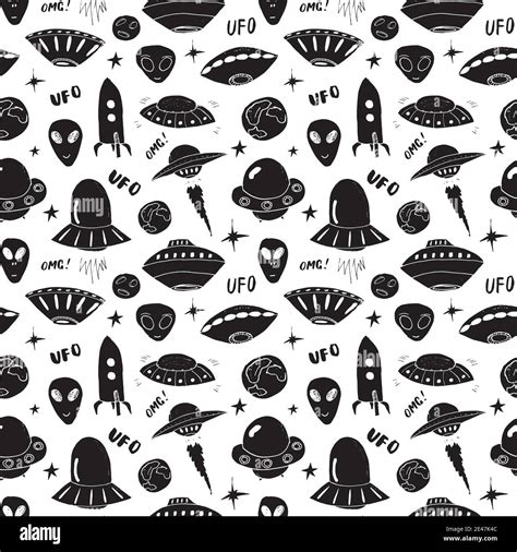 Ufo And Aliens Seamless Pattern Cute Doodles Space Ships Sketch Hand