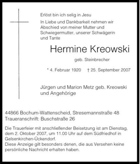 Traueranzeigen Von Hermine Kreowski Trauer In NRW De