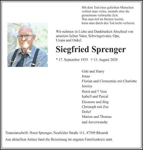 Traueranzeigen Von Siegfried Sprenger Trauer In Nrw De