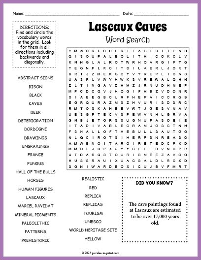 Lascaux Caves Word Search Puzzle Worksheet Activity Word Search Hot