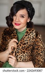 Portrait Beautiful Happy Brunette Retro Clothes Stock Photo 2242693087