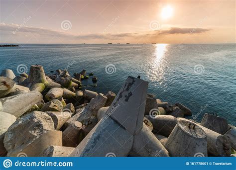 Beautiful Sunset Seascape Breakwaters Tetrapods Ashore Of Pier Cargo