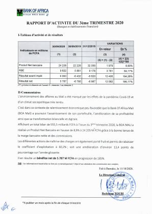 Rapport d activités du 3ème trimestre 2020 BOA ML Abidjan net Documents