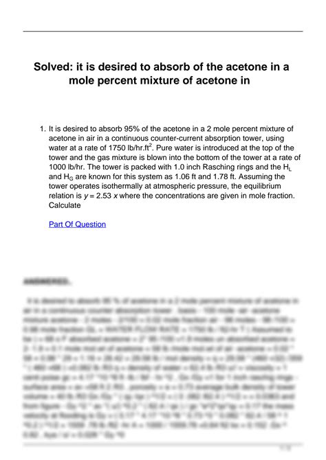 SOLUTION Solved It Is Desired To Absorb 95 Of The Acetone In A 1 Mole