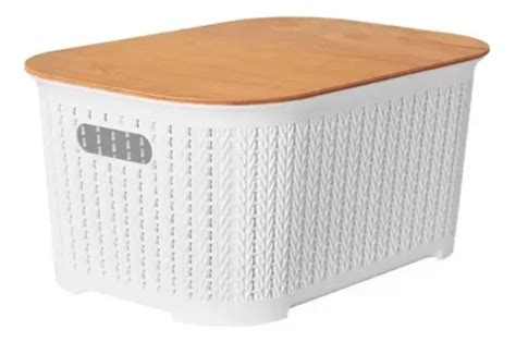 Caja Cajon Organizador Con Tapa De Madera Símil Rattan Color Blanco