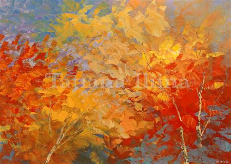 Original Landscape Painting Palette Knife Leaves Forest Fall Colors Art