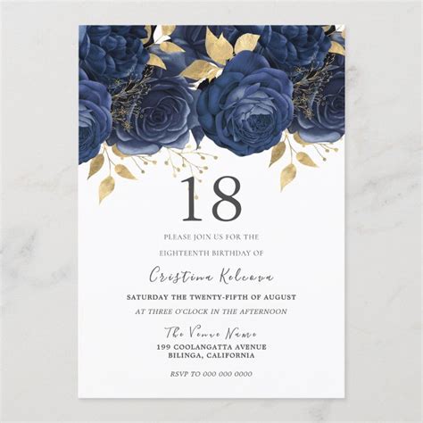 Navy Indigo Blue Gold Floral 18th Birthday Party Invitation Zazzle