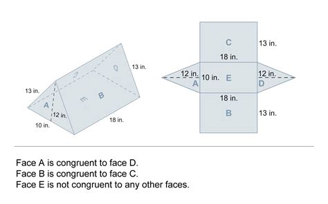 Triangular prism and net diagram of prism with faces labeled A, B, C, D ...