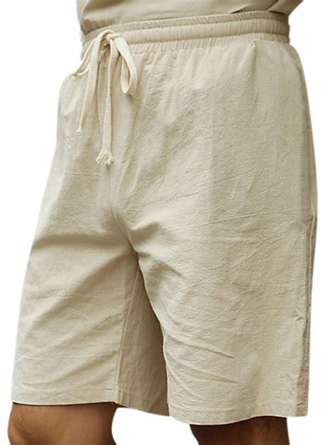 Mens Summer Cotton Linen Drawstring Solid Color Knee Length Casual