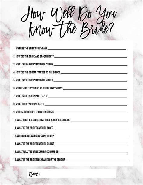 Bachelorette Party Or Bridal Shower Game How Well Do You Know The Bride