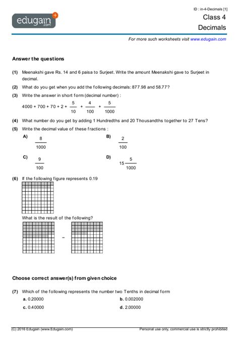 Class Math Worksheets And Problems Decimals Edugain India