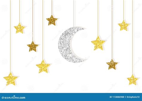 Cute Glitter Gold And Silver Moon And Stars Hanging On Strings Stock