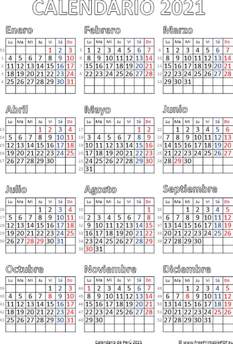 Calendario de Perú 2021 Imprimir el PDF Gratis