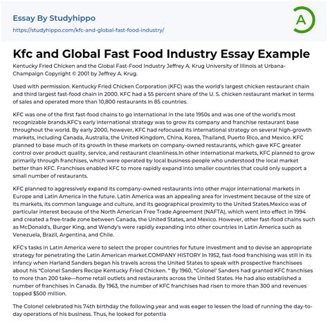 Kfc And Global Fast Food Industry Essay Example Studyhippo