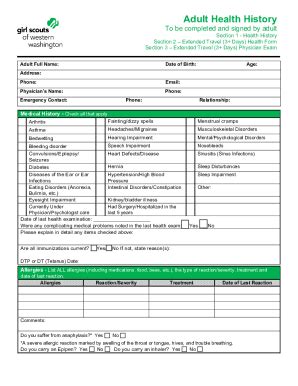 Fillable Online Gsww Adult Health History Form Girl Scouts Of The Usa