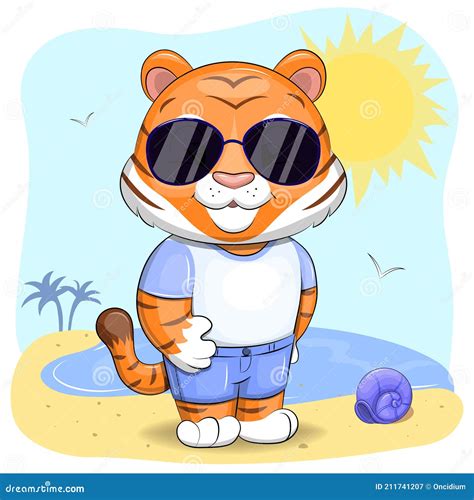 Cute Cartoon Tiger In Sunglasses On The Beach Stock Vector Illustration Of Nature Beach