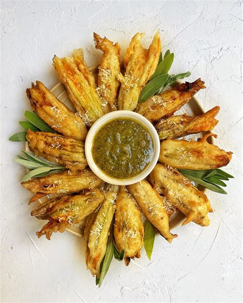 Fried Zucchini Blossom Stuffed With Walnut And Golden Raisin Ricotta