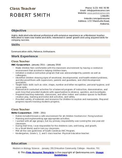 Class Teacher Resume Samples | QwikResume