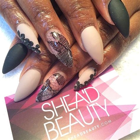 Nude Black Lace Stiletto Nails