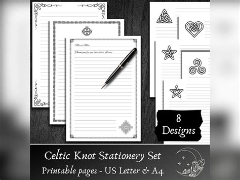 Printable Stationery Set Letter Paper Celtic Knot Design Pentagram Lined Unlined Stationery