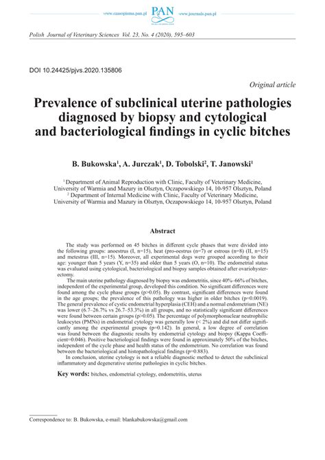 PDF Prevalence Of Subclinical Uterine Pathologies Diagnosed By Biopsy