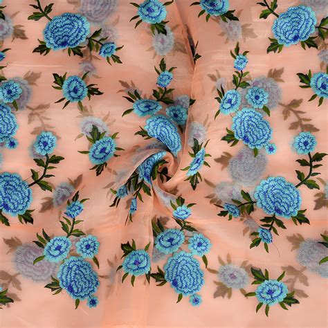 Buy Peach Organza Fabric With Blue And Green Flower Embroidery 50096